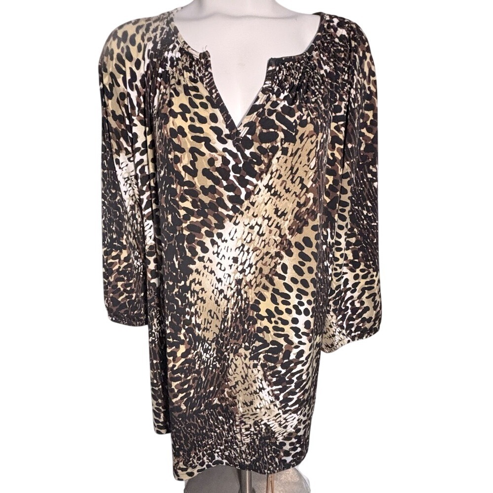 Liz Claiborne Women's 2X Stylish leopard print top 3/4 sleeves, Top Length 28.5"